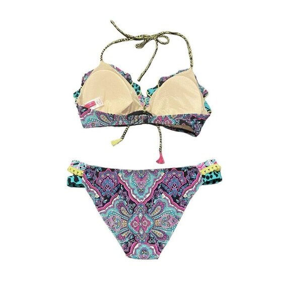 Betsey Johnson $118 Bikini Swimsuit Neon Mixed Animal Print Paisley Size Large - Picture 2 of 9